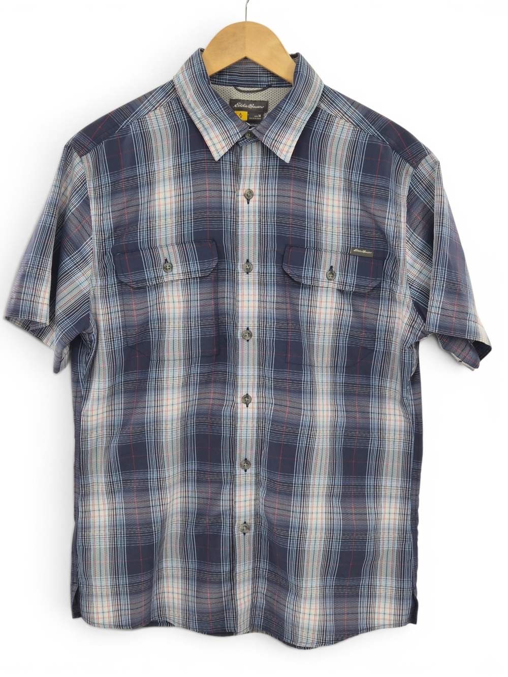 Eddie Bauer Travex Fishing Shirt M Blue Plaid Hiking Camping Travel Performance